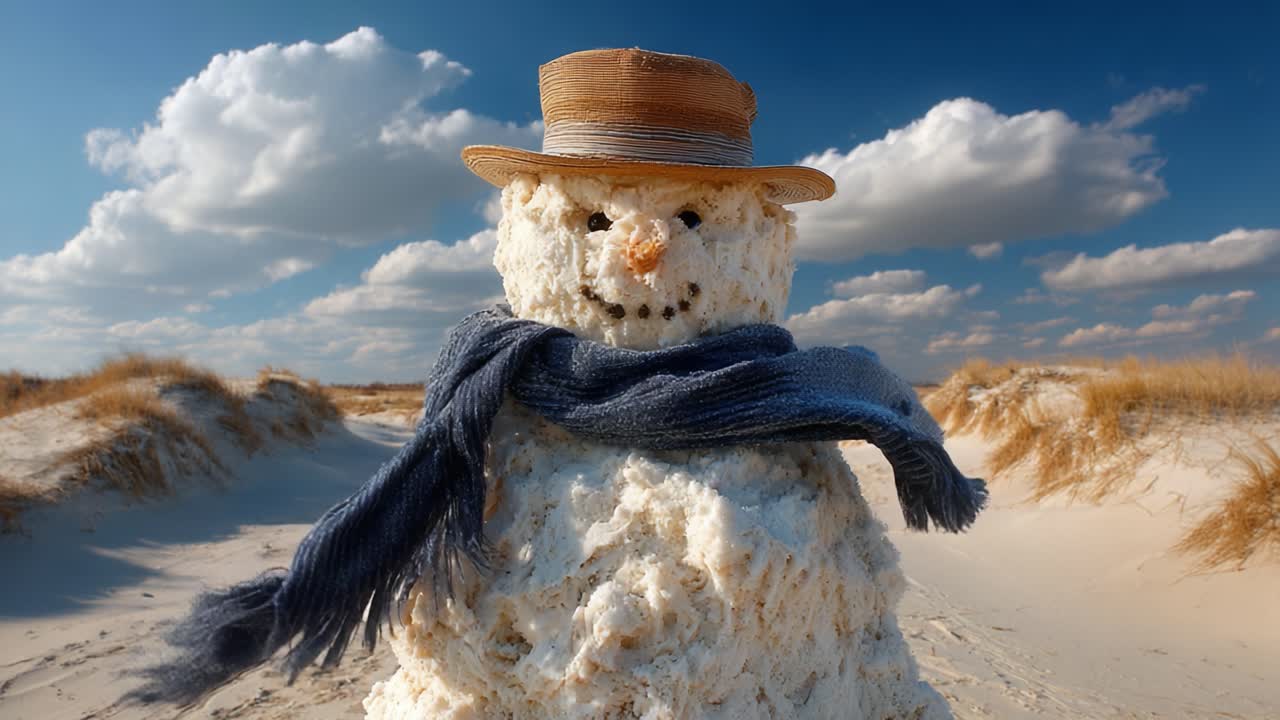 A Charming Snowman Enjoys a Sunny Day on the Beach, Wearing a Stylish Hat and Cozy Scarf, Surrounded by Soft Sand and a Clear Blue Sky