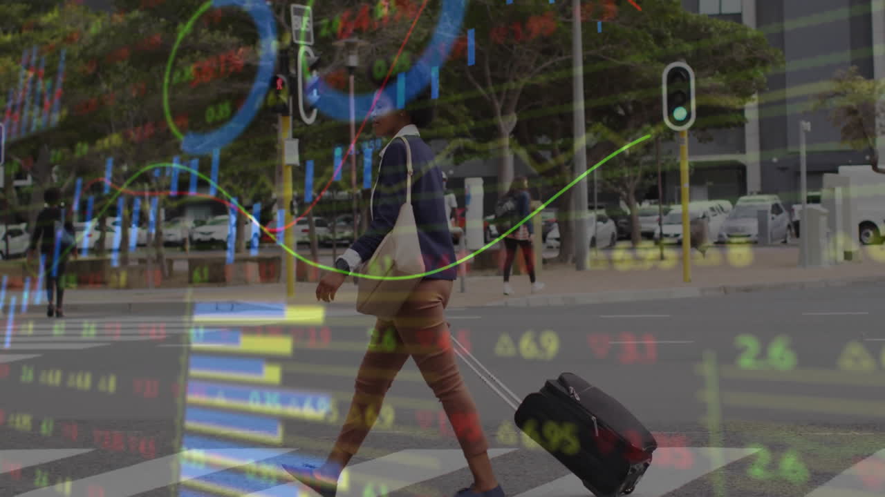 Businesswoman walking across crosswalk, with animated finance charts floating over urban street