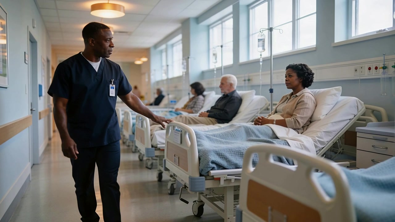 Walking nurse blue scrubs on rounds placing hand on bed rail at hospital ward, copy space