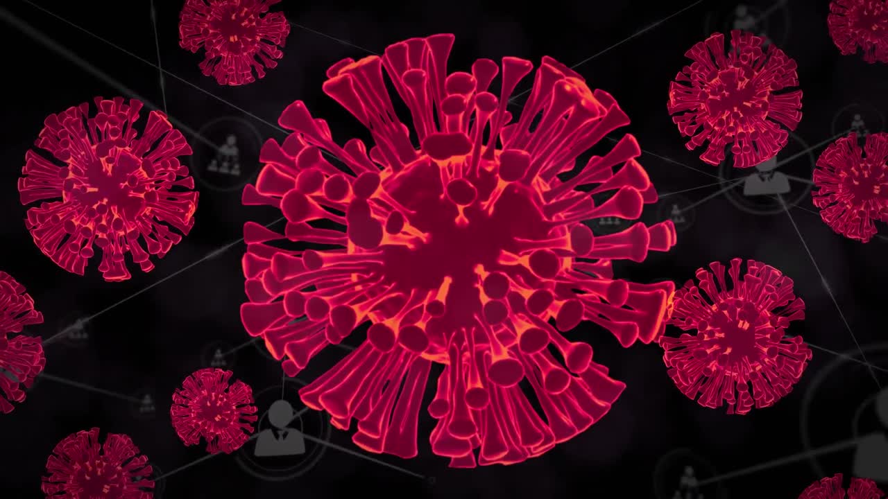 animación de células de covid 19 volando sobre la red de conexiones