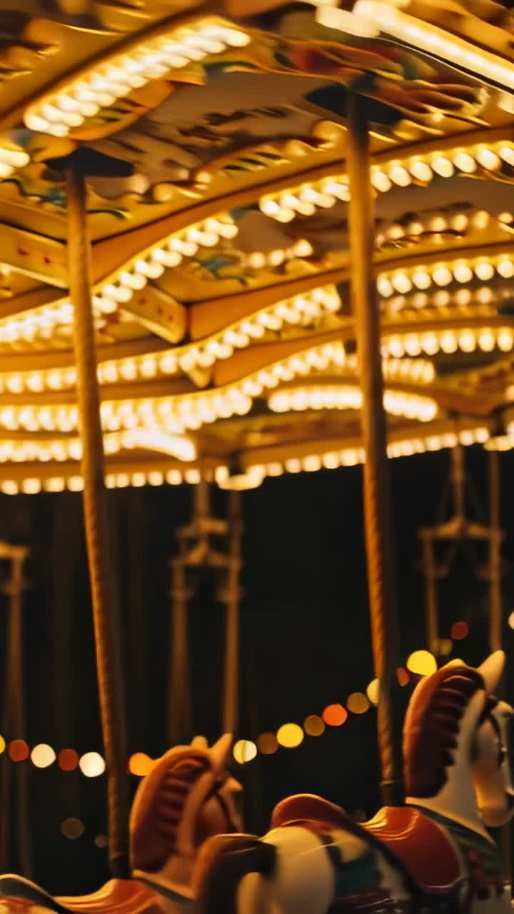 Vertical video: Pulling back, camera revealing lit carousel at night, with painted horses and bulbs