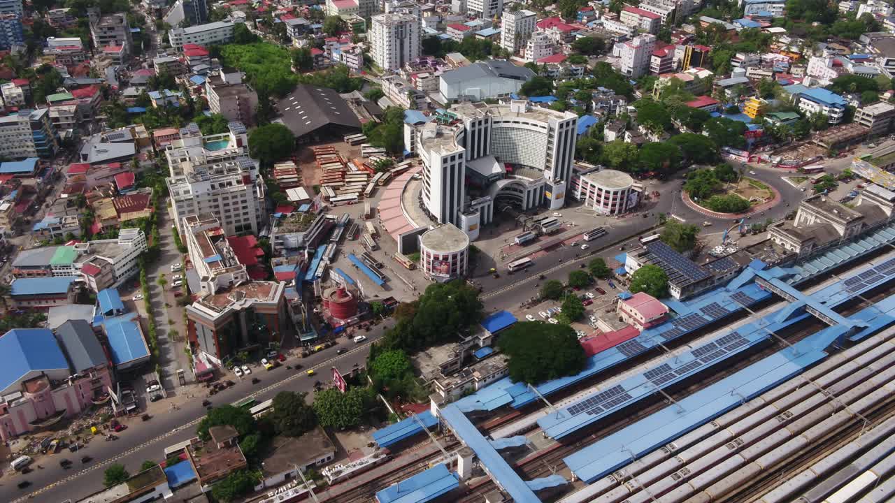 Aerial view of thiruvananthapuram kerala city views _railway station to ksrtc bus stand, Rail Hub in South India, Thampanoor Railway Station, City drone footage india