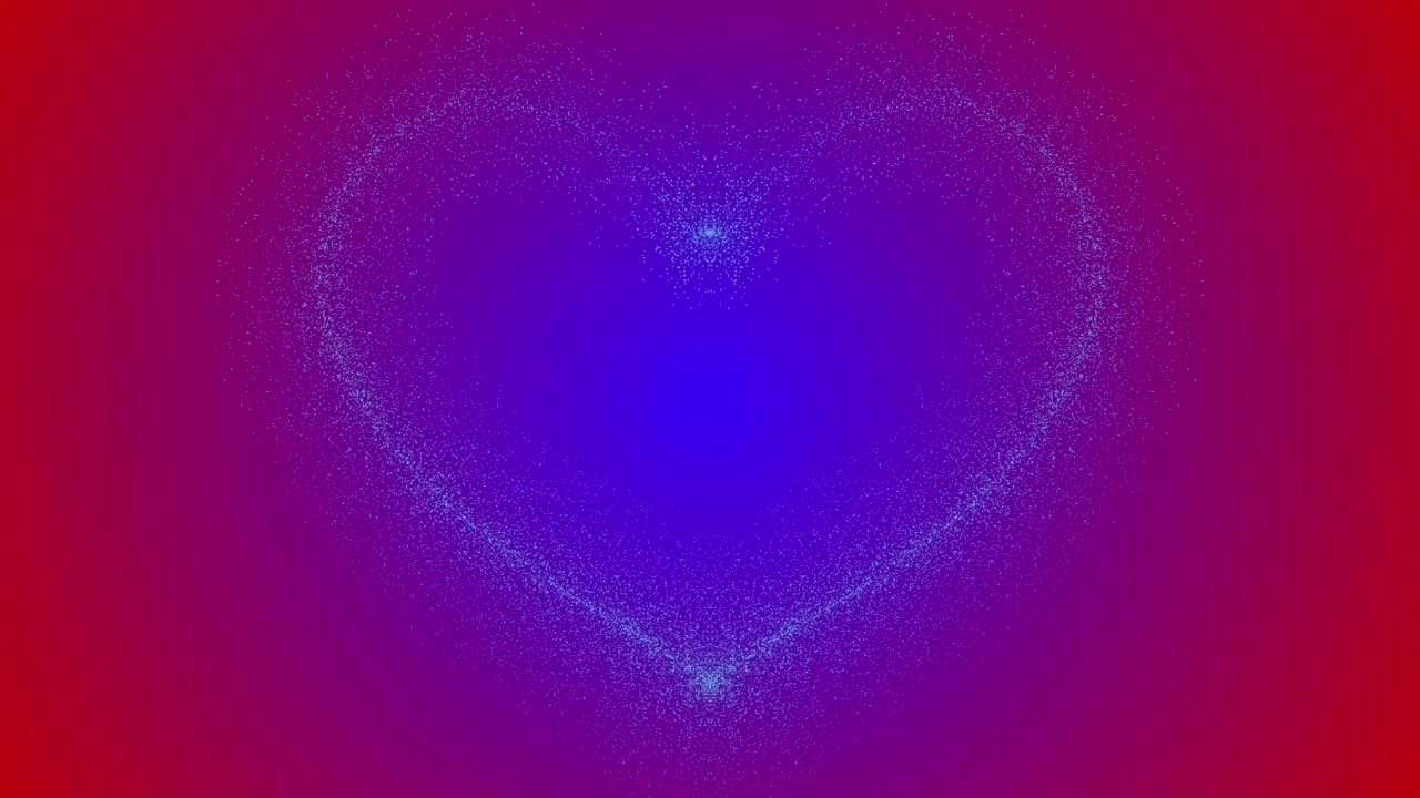 사랑의 반이는 빛나는 불꽃놀이 애니메이션 모양 기호가 그라디언트 색상 배경에서 아지고 사라집니다.