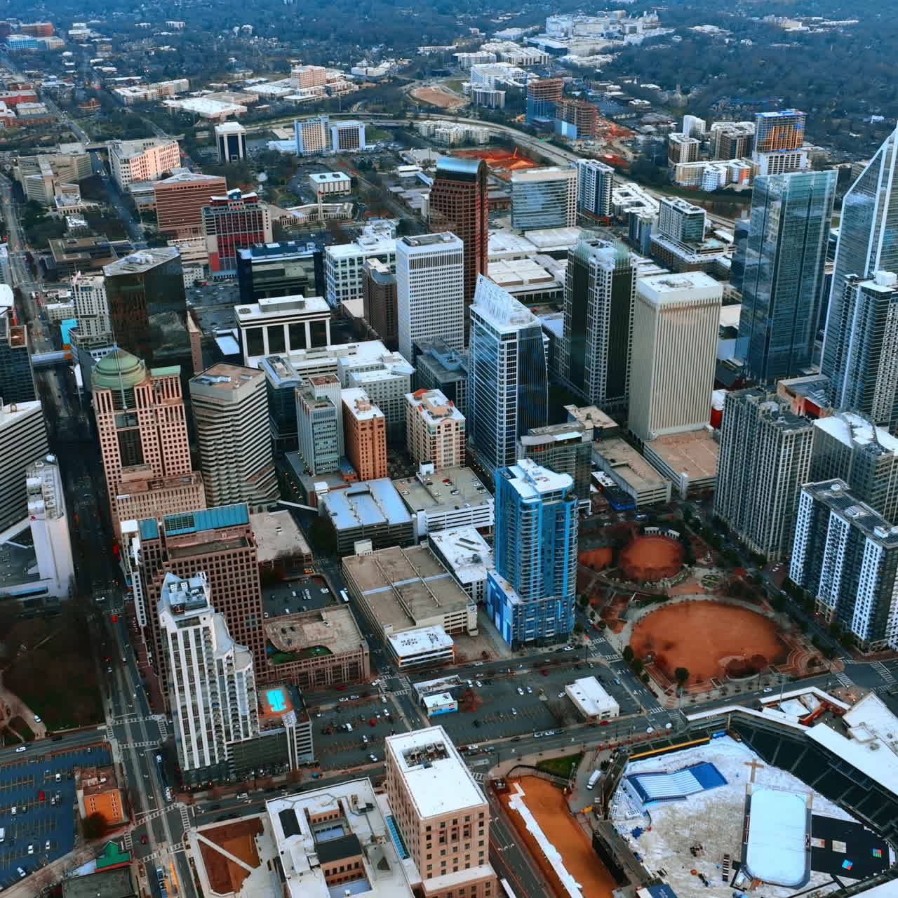 Lively view of a big American city. Drone footage above downtown in Charlotte, North Carolina.