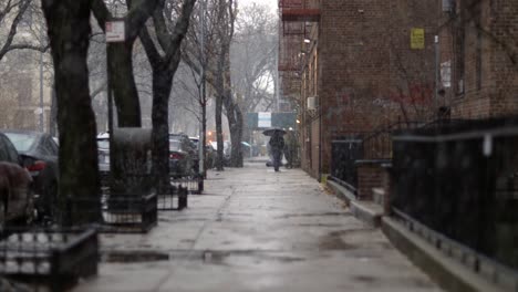 Pedestrian-with-umbrella-walking-down-Brooklyn-street,-during-a-snowy-cold-New-York-day---Long-Medium-shot