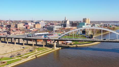 Good-drone-aerial-establishing-shot-of-Davenport-Quad-Cities-Iowa-and-the-Mississippi-River-foreground