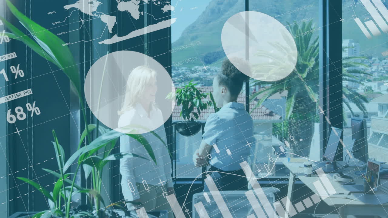 Women discussing business data in modern office, showing animated charts with percentage figures