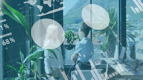 women discussing business data in modern office, showing animated charts with percentage figures