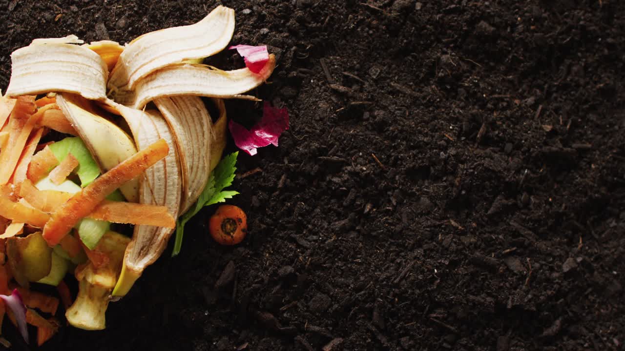 vídeo de una bolsa de residuos de frutas y hortalizas orgánicas para compostaje, en suelo oscuro con espacio para copiar