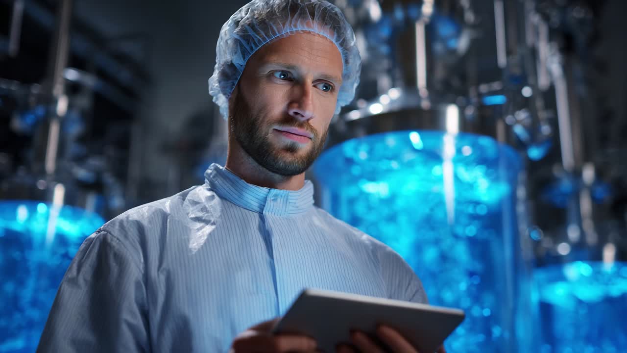 Focused Scientist Analyzing Data in Laboratory Amid Mesmerizing Blue Vials, Wearing Protective Gear and Hairnet, Showcasing Advanced Research in a High-Tech Environment