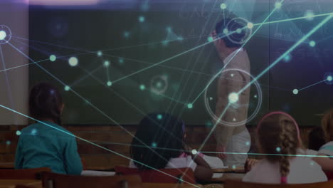 glowing network of connections over female teacher teaching students in class at elementary school
