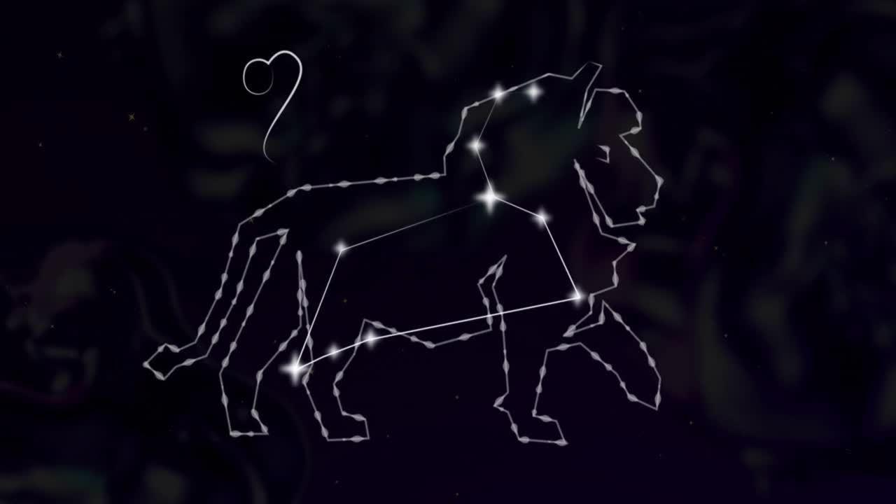 Animation des Sternzeichens Löwe mit leuchtenden Sternen.