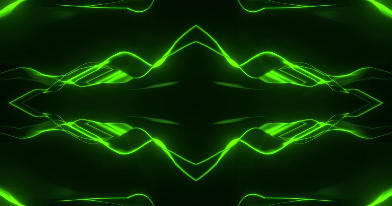 Onde di energia luminose verde neon simmetriche su sfondo nero