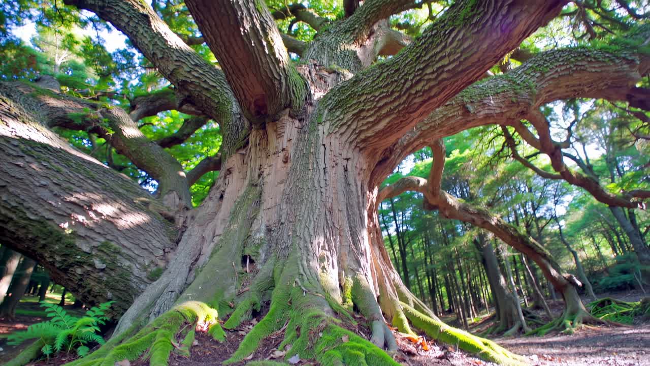 Majestätischer alter Baum mit weitläufigen Ästen und moosbedeckten Wurzeln, in lebendigen Details festgehalten