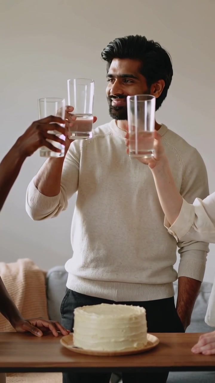 Vertical video: Raising glasses man in cream sweater toasting with peers at home on wood table