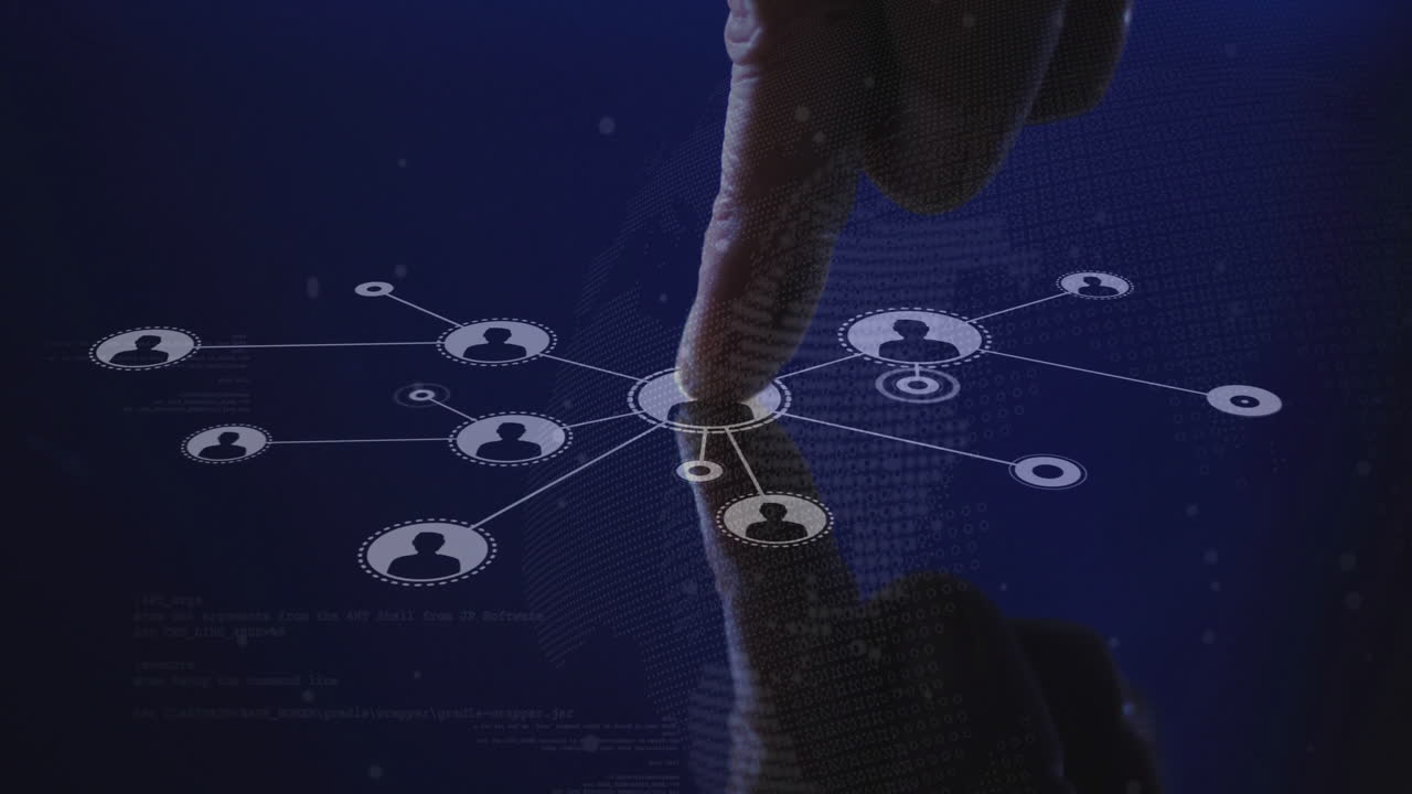 Finger interacting with animation of connected user icons on blue background