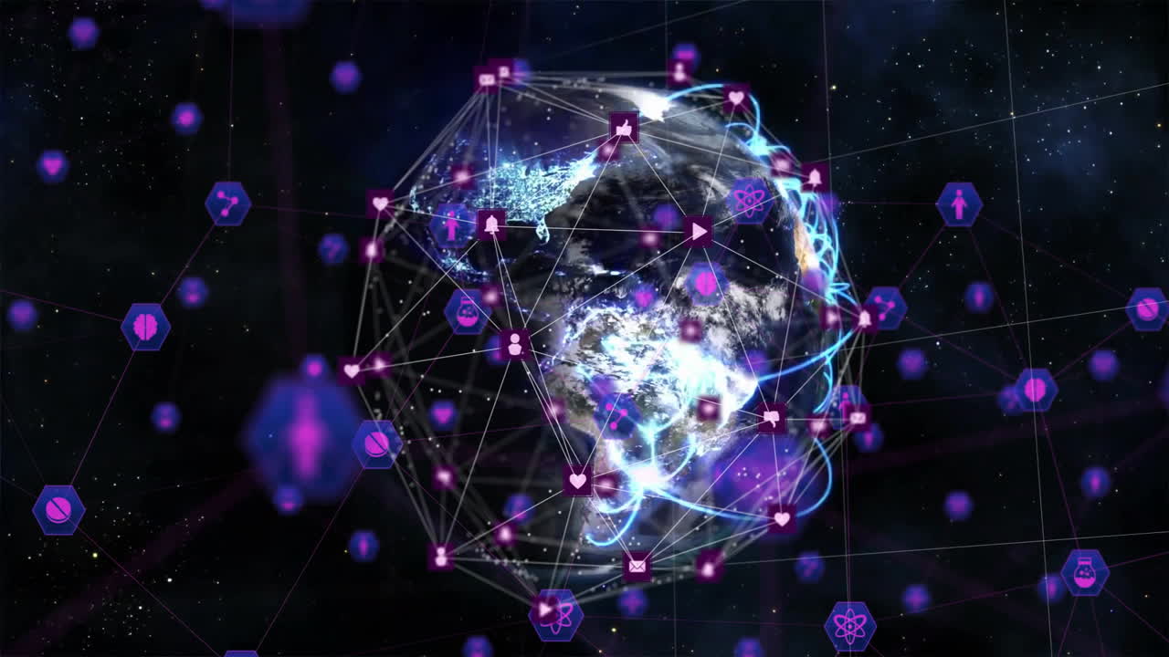 Network of connections and data processing animation over Earth in space