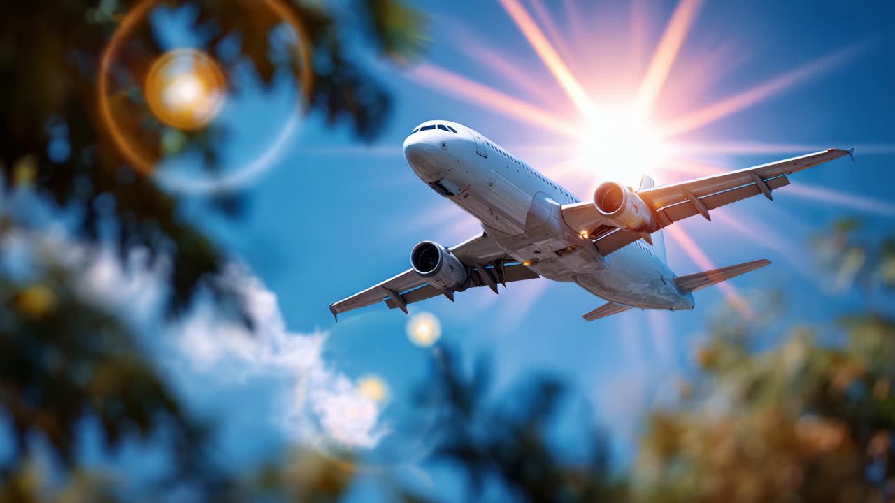 Splendida vista aerea di un aeroplano che vola contro un cielo luminoso e soleggiato, circondato da una vegetazione lussureggiante, che cattura l'essenza dell'aviazione moderna e dei viaggi