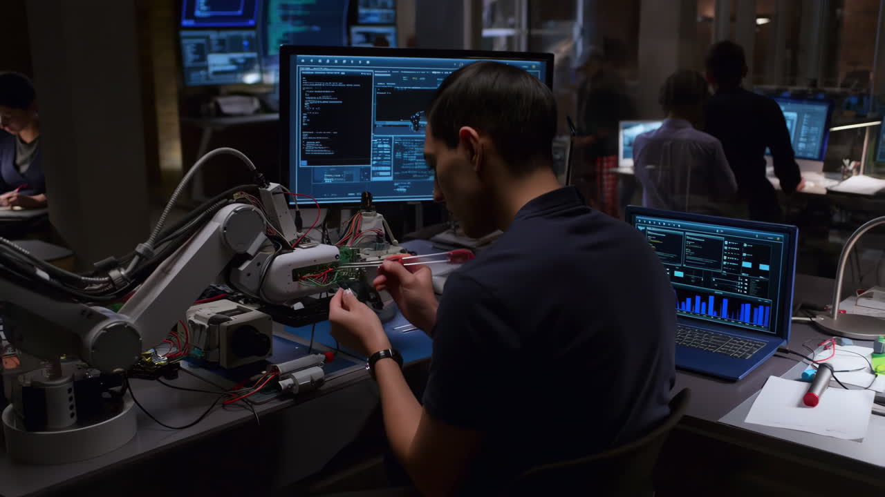 An engineer working on robotics and electronics in a technology lab