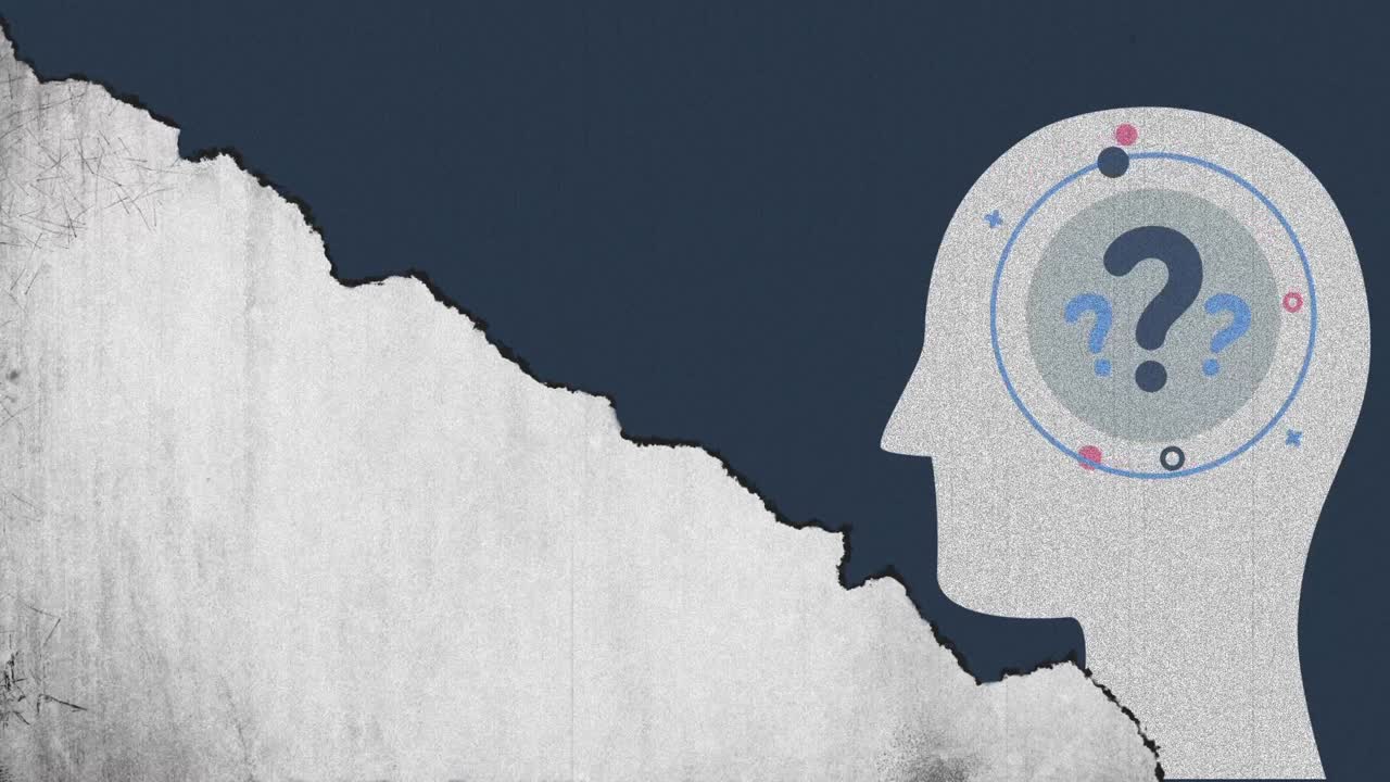 검은색 바탕에 질문표가 있는 머리 위의 간섭의 애니메이션