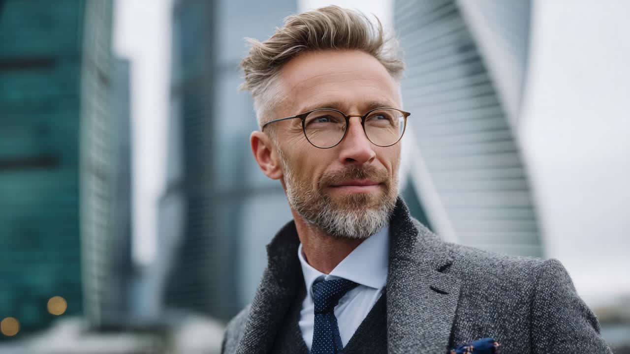 A Sophisticated Businessman Posing Confidently Amidst a Modern Urban Skyline, Captivating the Essence of Elegance and Professionalism in a Contemporary Setting