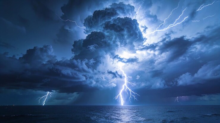 Nuvola temporalesca con accumulo di carica che scaglia fulmini ramificati sull'oceano aperto di notte, con l'acqua che riflette.