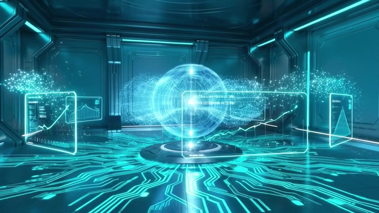 Futuristic Digital Data Center with Holographic Sphere and Analytics