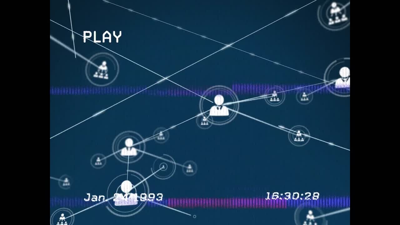 animación del efecto de fallo de vhs sobre la red de iconos de perfil contra fondo azul
