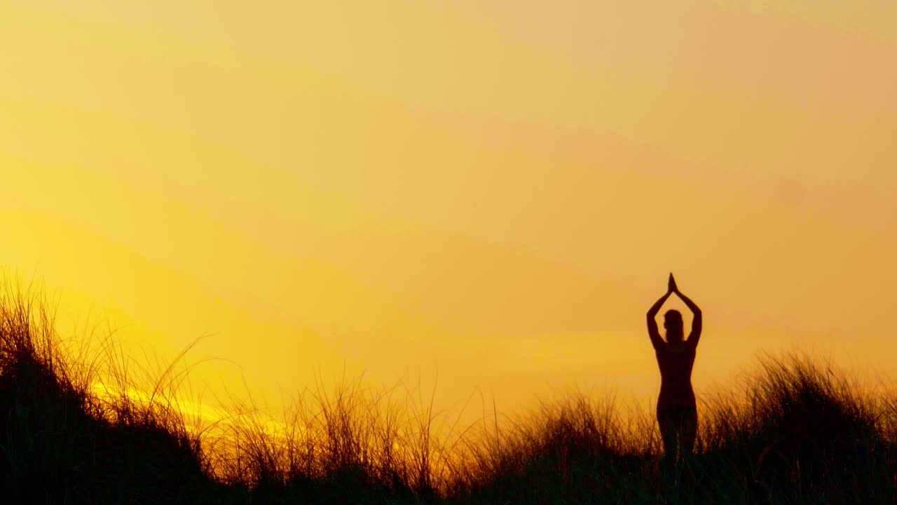 Gün batımında yoga ağaç pozu (Vrksasana) uygulayan kadın silüeti.