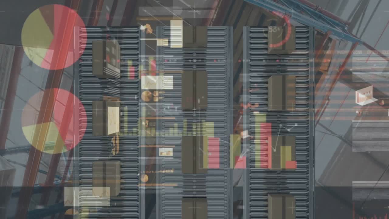 背景のコンベヤーベルト上の紙箱の上で統計処理のアニメーション