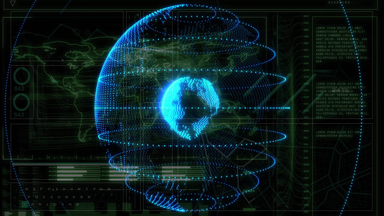animación del procesamiento de datos digitales en el mundo sobre un fondo negro