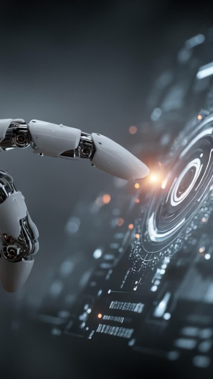 Futuristic Robotic Arm Interacting with a High-Tech Display, Showcasing ...