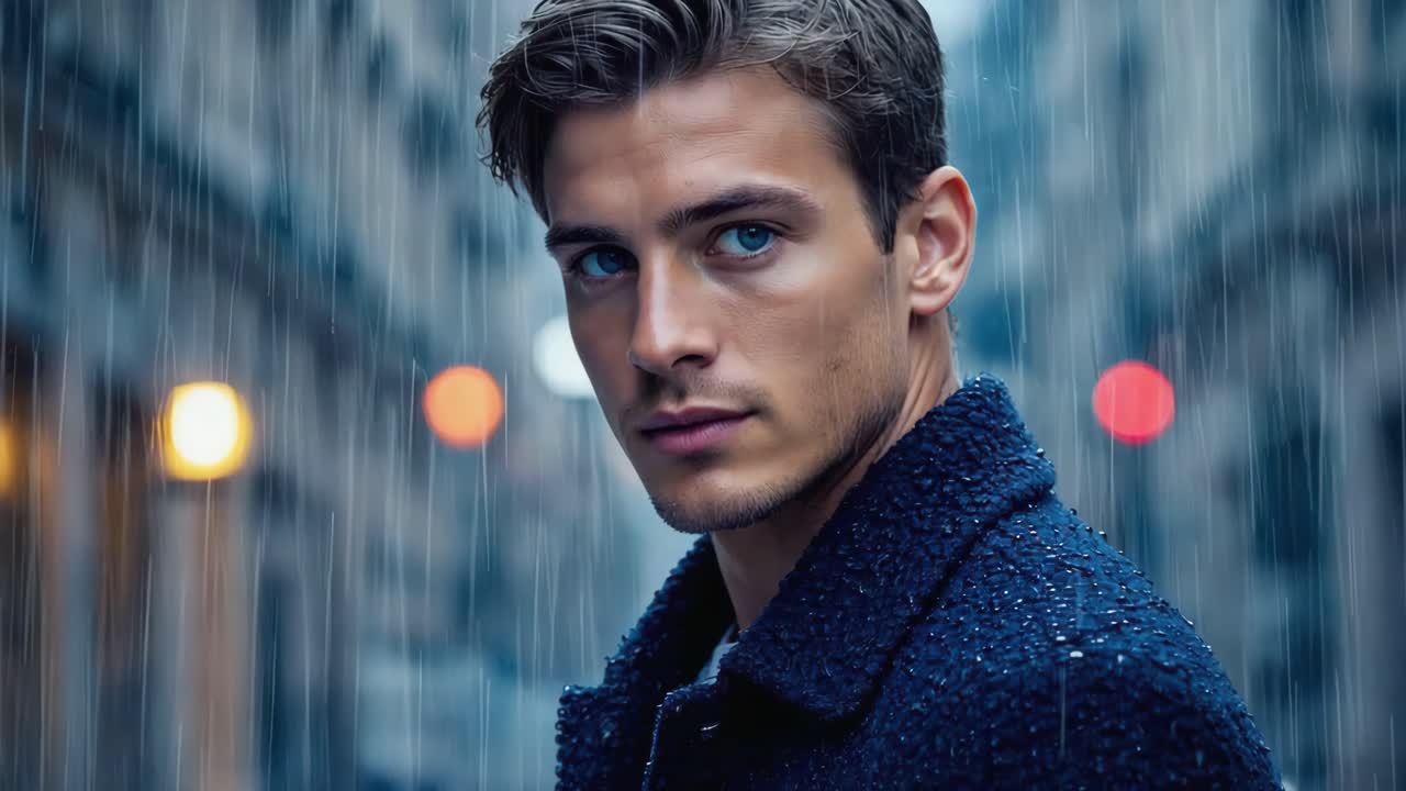 Man in Coat with Blue Eyes in the Rain