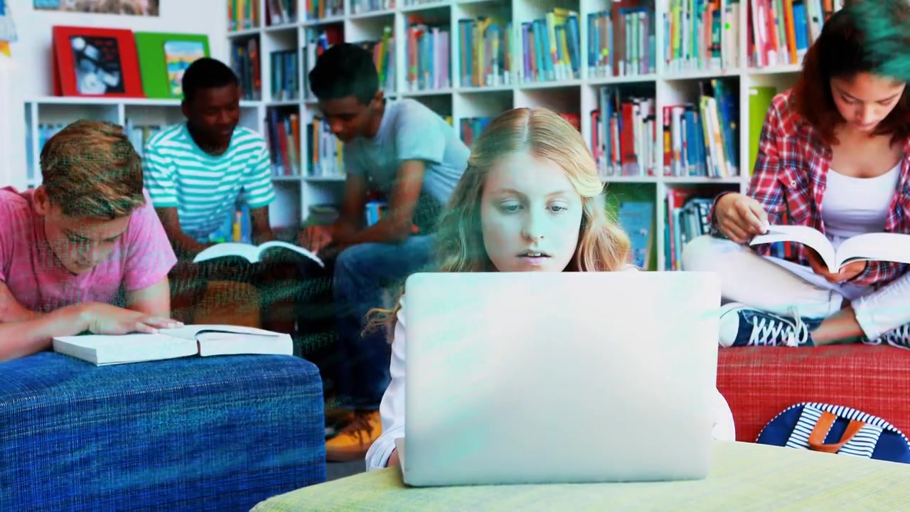 Girl typing on laptop in library input sparking green code overlay growing while peers studying