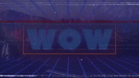 neon blue wow text glowing inside orange rectangle frame, floating across retro-future glitch grid