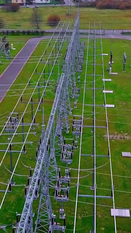 vista aérea de la subestación eléctrica, las líneas de distribución, la infraestructura, la industria en tierras verdes, el dolly disparado hacia adelante