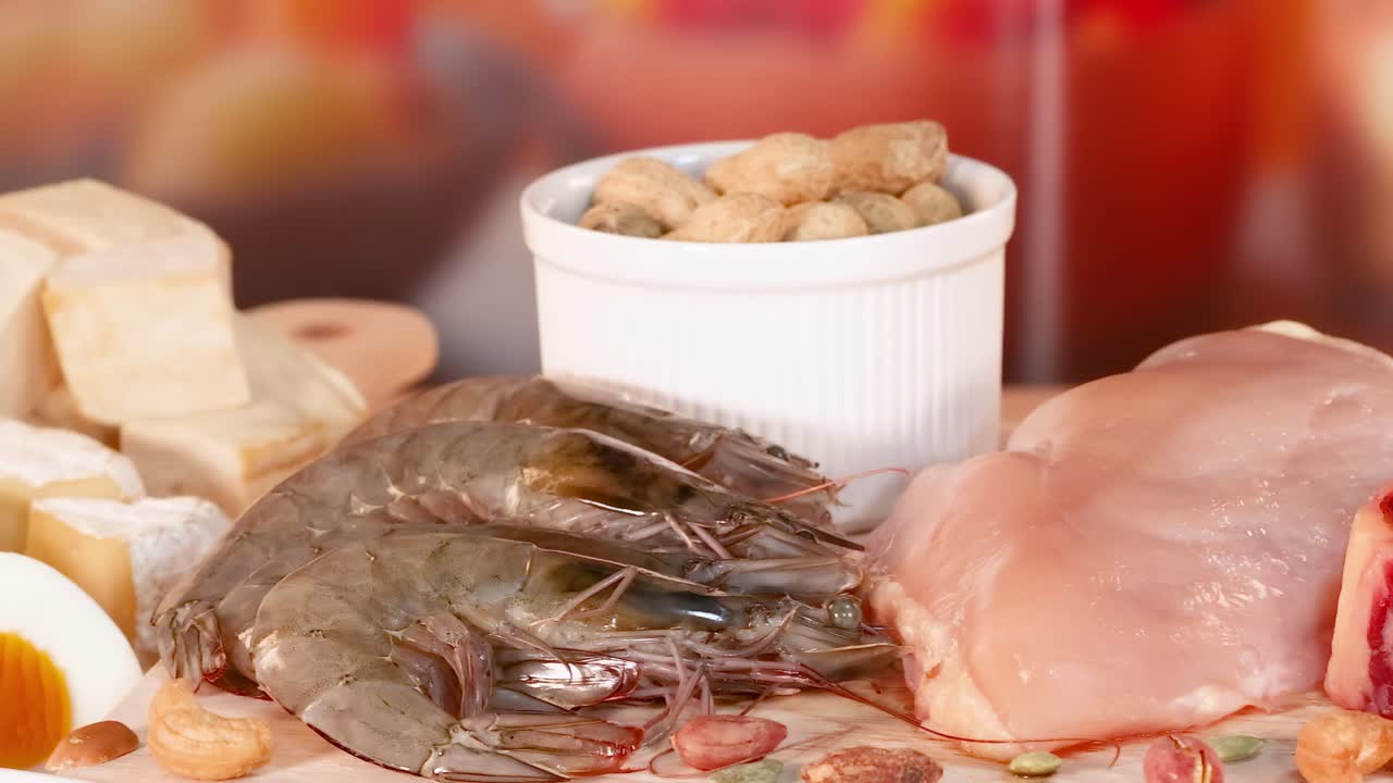 A close-up view of assorted meats, shrimp, and nuts arranged together for culinary inspiration.