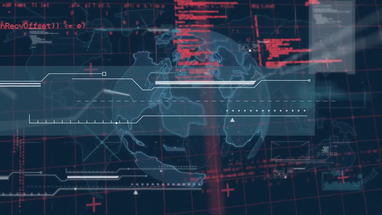Digital animation of data processing over grid network against spinning globe on blue background