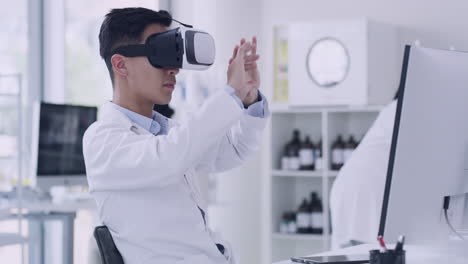 scientist using vr virtual reality goggles to