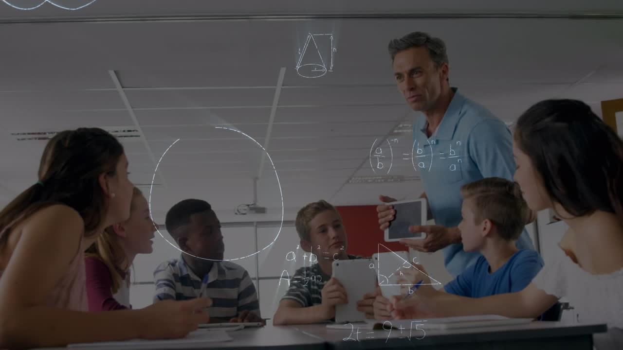 Mathematical equations against caucasian male teacher teaching students using digital tablet