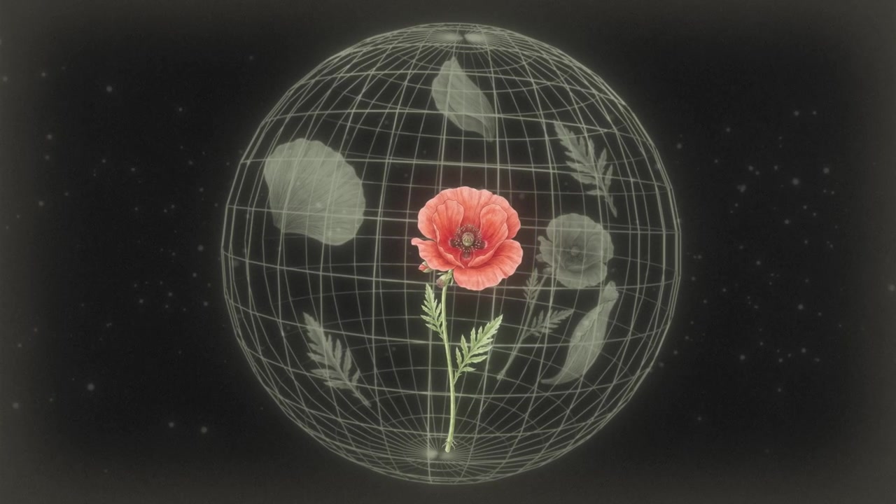 Cinematic 3D wireframe grid globe rotating around a blooming red flower with floating X-ray leaves. Nostalgic retro sci-fi animation with analog film grain texture and dark background, 4k.