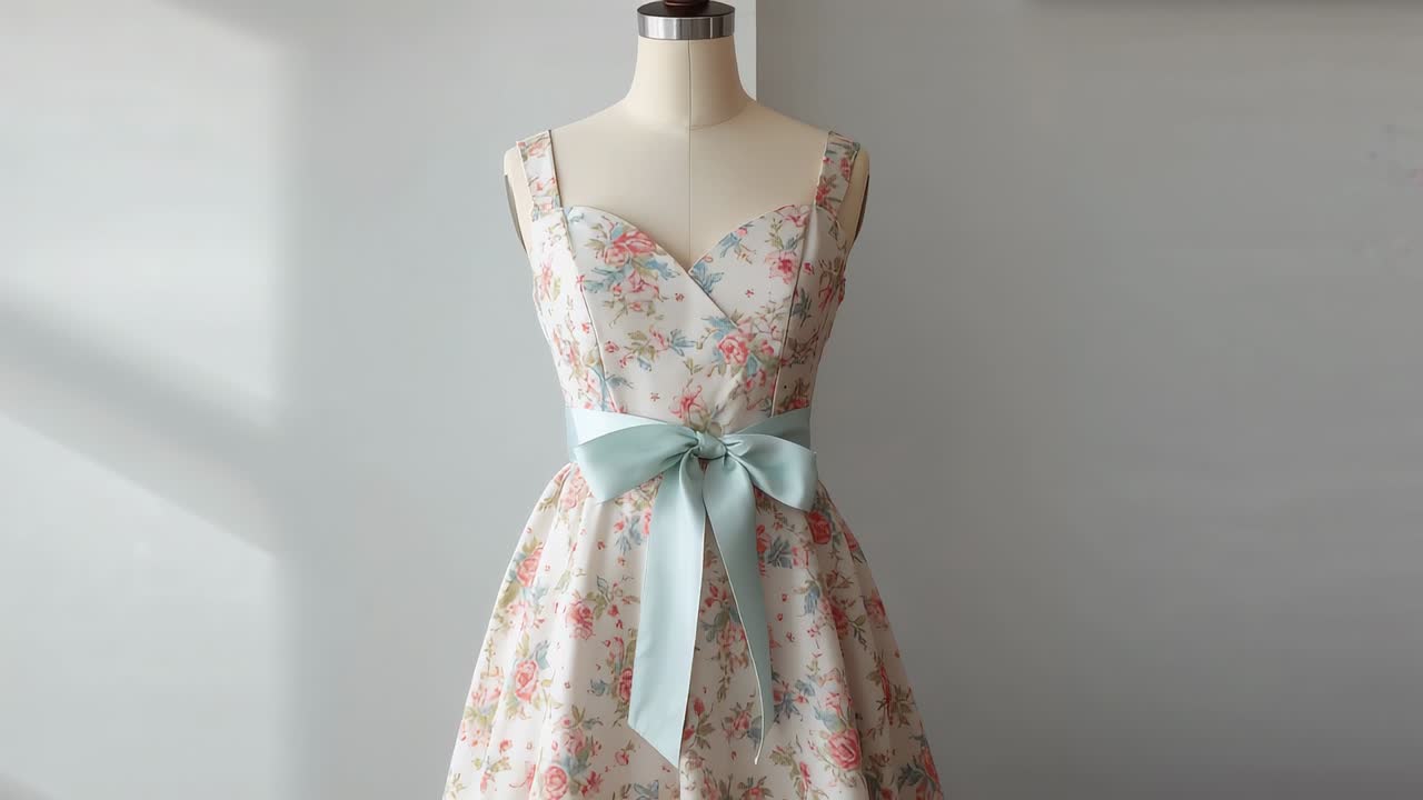 At start, camera panning upward over floral dress on mannequin at studio, revealing bow, blossoms