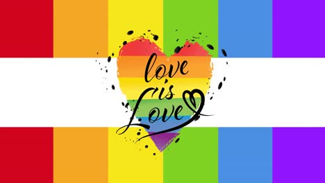 animation of love is love text with heart over rainbow stripes