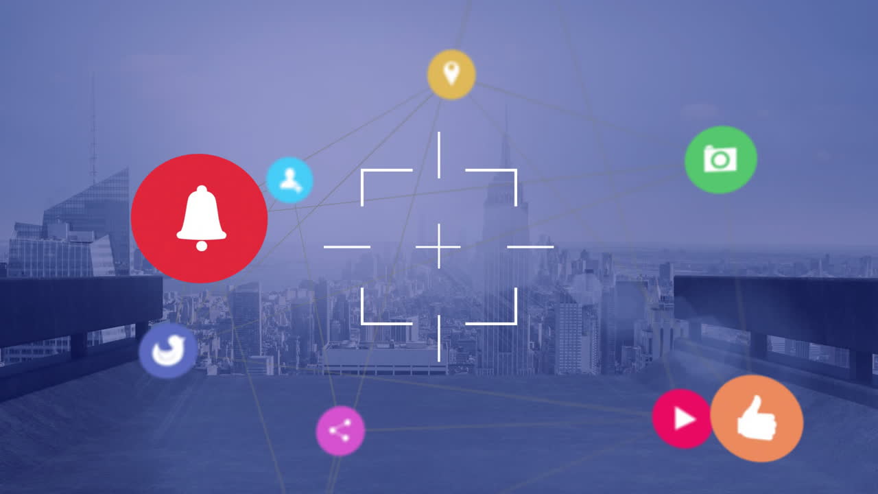 도시 풍경 위의  표적 및 미디어 아이콘의 애니메이션