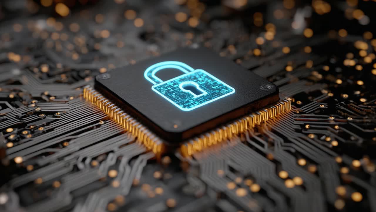 Exploring the Intricacies of Cybersecurity: A Close-Up on an Innovative Microchip Featuring a Lock Symbol Representing Digital Security