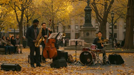 captivating autumn jazz performance in a park, surrounded by vibrant yellow leaves and an enraptured audience enjoying live music