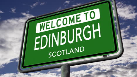 welcome to edinburgh, scotland, uk city road sign, realistic 3d animation