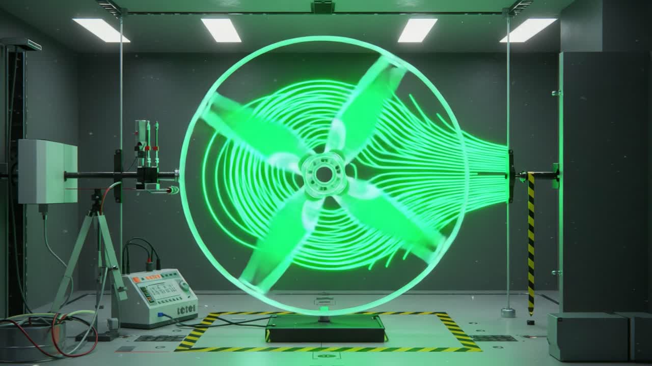 Experimental Wind Tunnel Demonstration Showcasing a High-Performance Fan with Fluid Dynamics Visualization in a Controlled Laboratory Environment