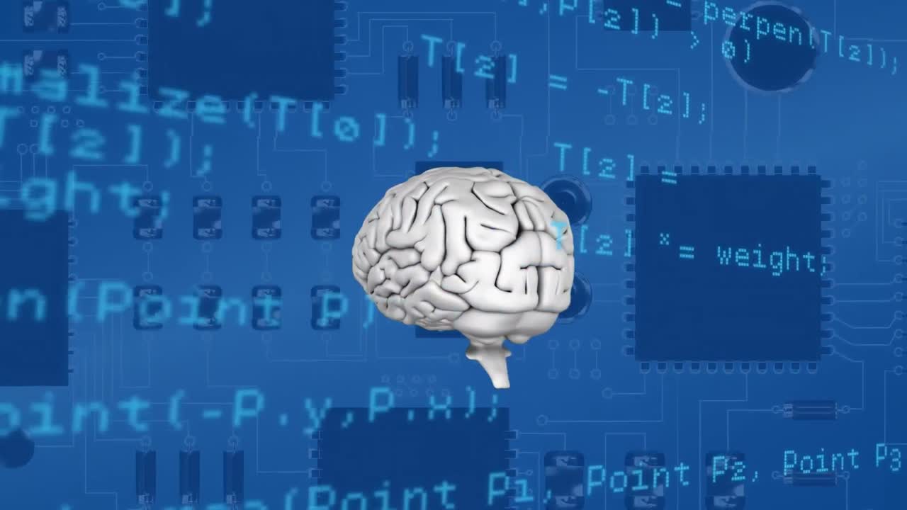 컴퓨터 회로판에 회전하는 회색 뇌