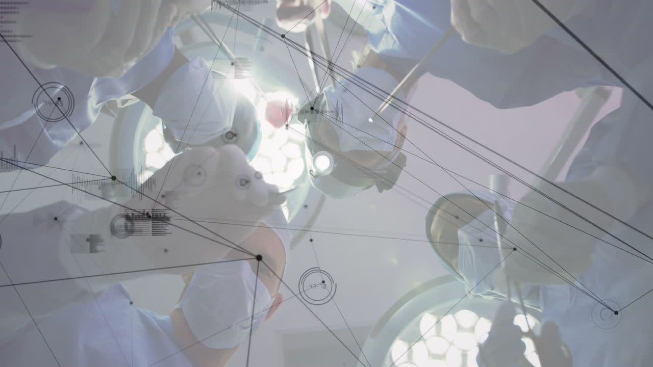 Performing operation, surgeons with medical data processing animation over surgical scene